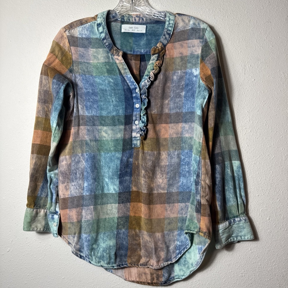 Isabella Sinclair Anthrolpologie Plaid Ruffle Henley Shirt 100% Cotton Boho XXSP